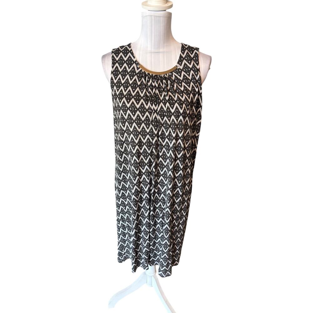H&M Sleeveless Shift Dress Geo Print Size L Gold-Tone Neckline